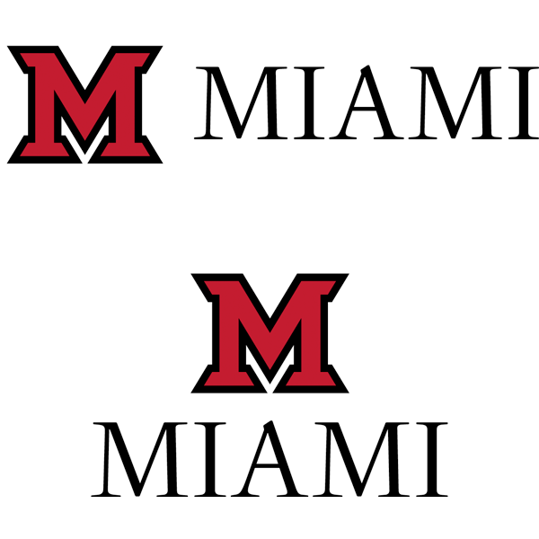 A full-color Beveled-M to the left of a simplified wordmark of 'Miami', and a version that is vertically stacked.