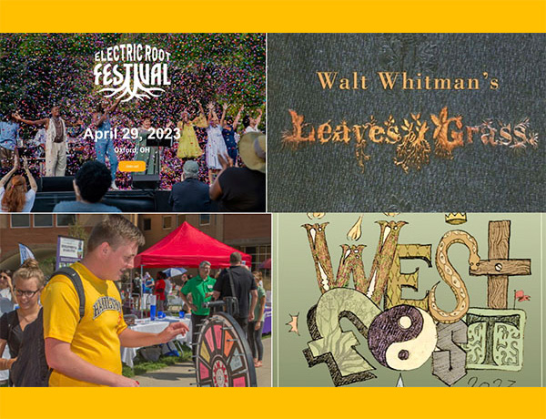 4 festival images: elecric root festival with confeti and audience; walt whitman's leaves of grass; scence from Hamilton spring fling with man in yellow shirt,and West Fest poster