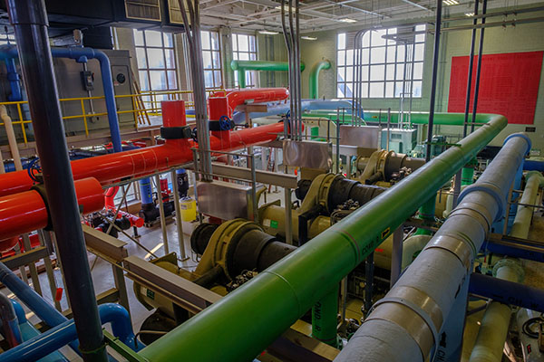 Colorful pipes inside the North Chiller Plant