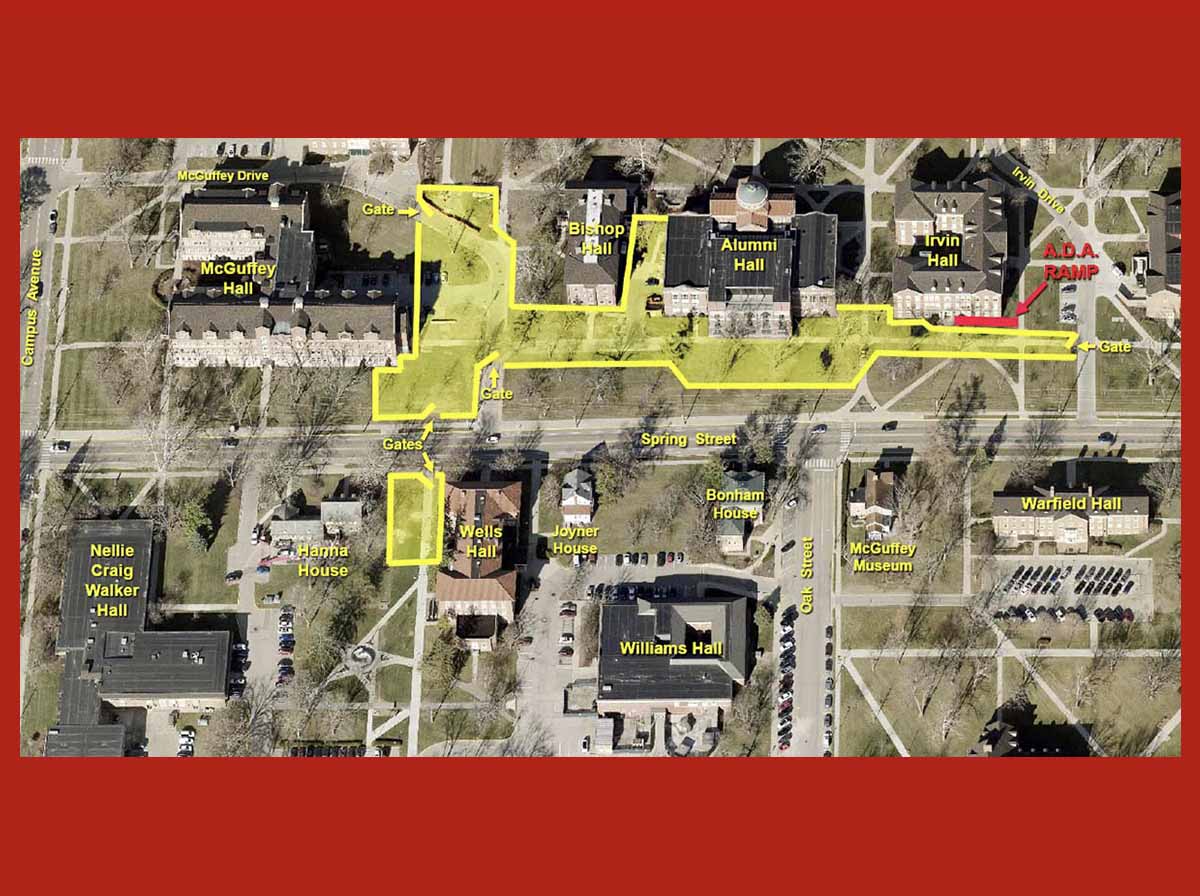 Central quad map with red construction fence areas marked
