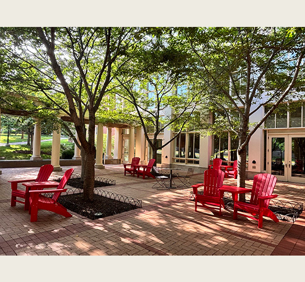 New Adirondack chairs on the patios outside Armstrong Student Center