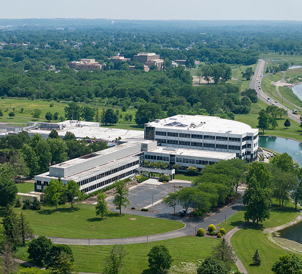 drone view of the advanced manufacturing hub and Great Miami river to the right 