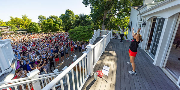 Miami University senior Bridget Stafford leads the M.O.V.E. Bootcamp event on Aug. 30 at Lewis Place.