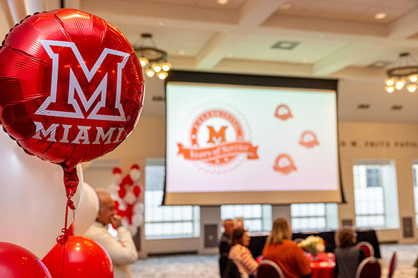 A red Miami University balloon during the annual employee recognition ceremony