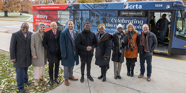 From left to right, Jerome Conley; University Ambassador Dr. Renate Crawford; Miami President Gregory Crawford; Matthew Dutkevicz; Edward Johnson; Pheetta Wilkinson; Jacqueline Johnson; Debbie Baker Spaeth; John Rizzo