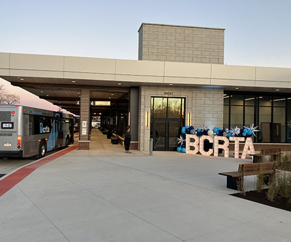 Chestnut Street Station exterior with a light up word BCRTA