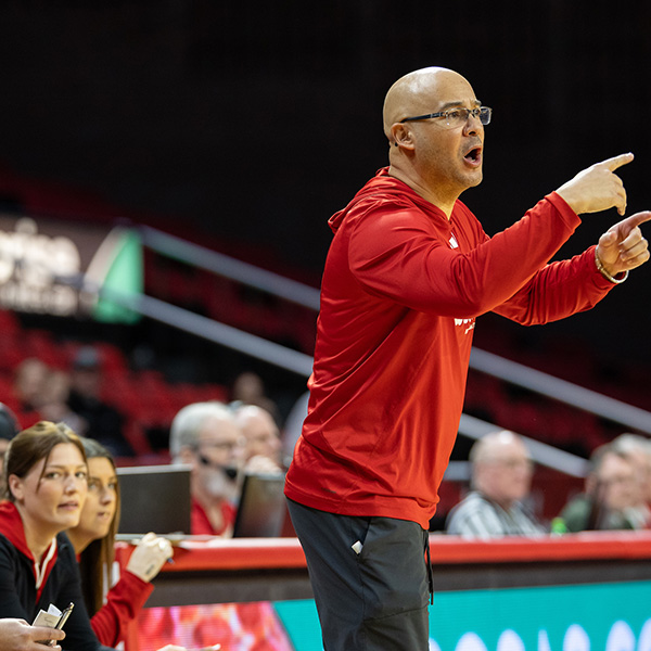 Coach Box reacts to a play on the court. The team’s success is having a positive impact on recruiting, said Box, who is in his third season leading the RedHawks.