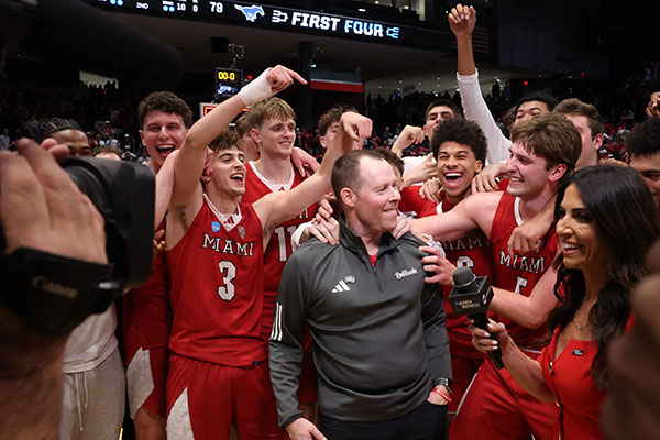 Miami University men's basketball team celebrates