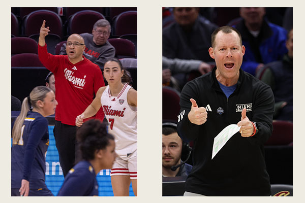 Miami basketball coaches Glenn Box, left, and Travis Steele, right