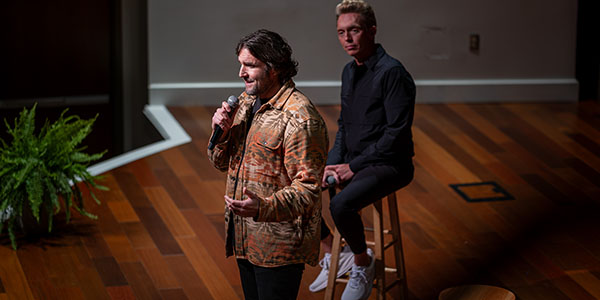 The Minimalists address the Miami community in Wilks Theater