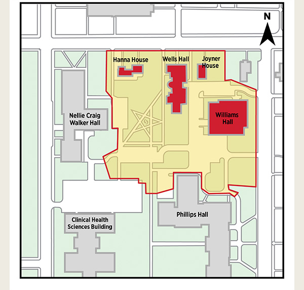 simple map showing the outline of Hanna and Joyner House, Wells and Williams Halls, and parking lots near them, and the area that construction fence will enclose